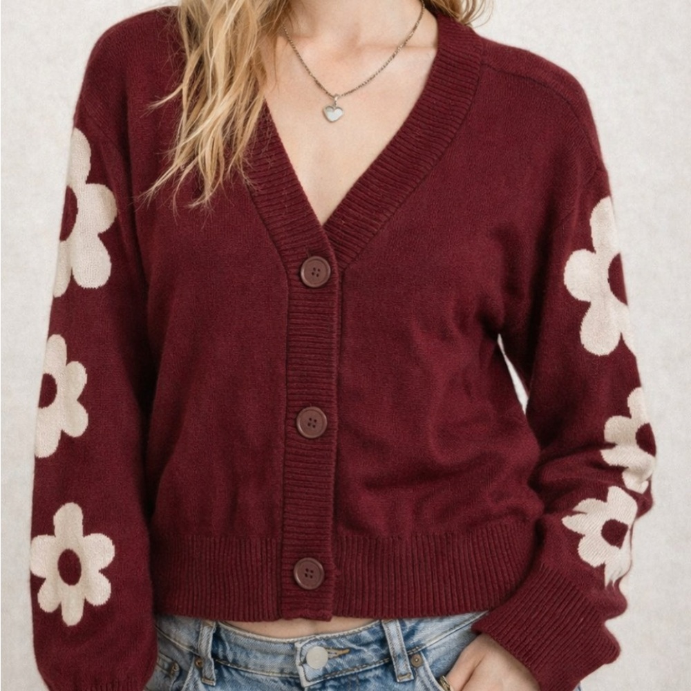 Indie Sleaze Floral‎ Sleeve Womens Cardigan Burgundy V-Neck Button Up Sweater S